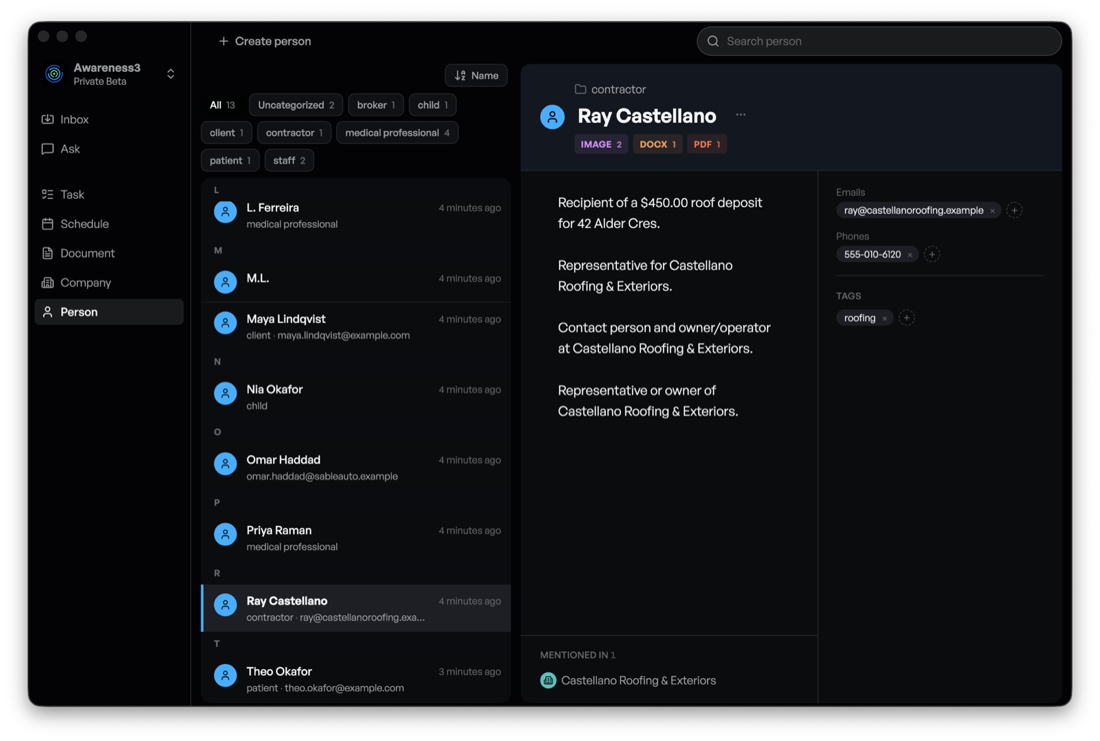 The Person screen: a contractor's record showing the email, phone, tag and the document it was found in, beside a list of people grouped by role.