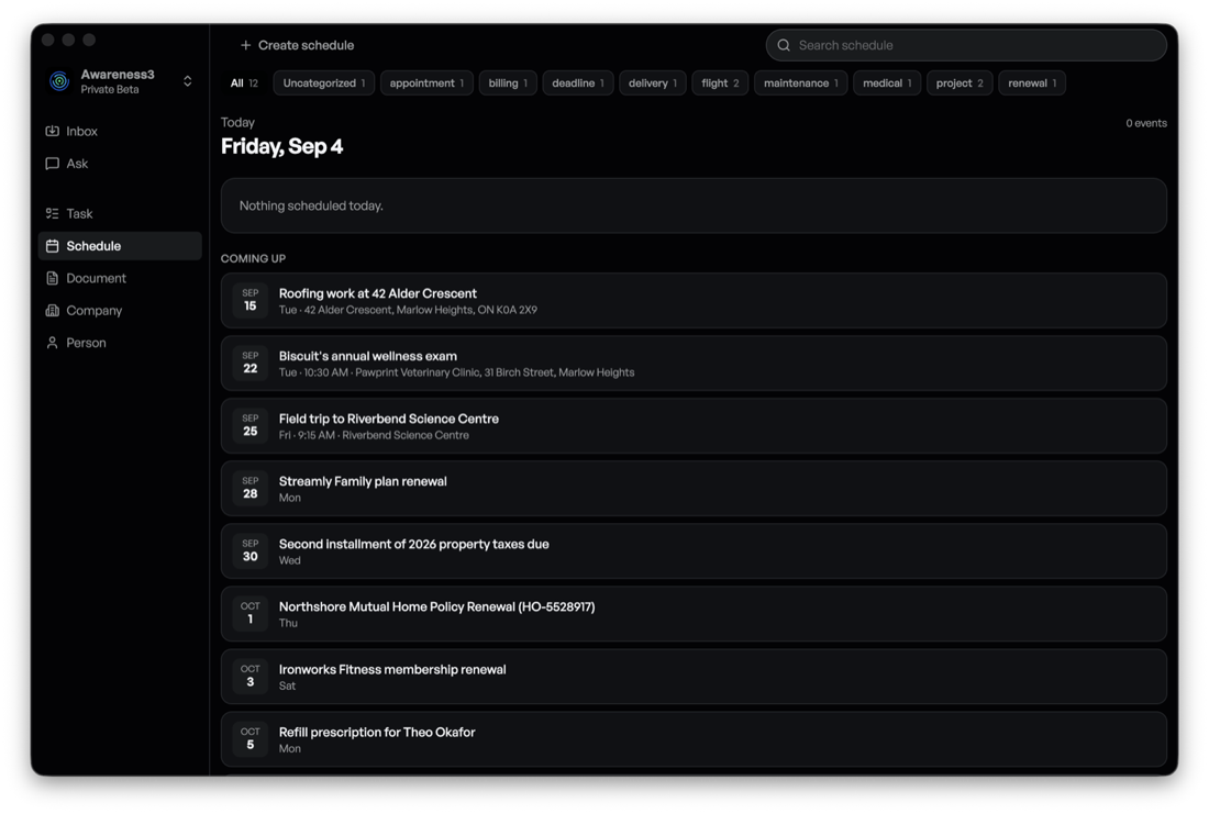 The Schedule screen: upcoming events including roofing work, a vet exam, a school field trip and a subscription renewal.